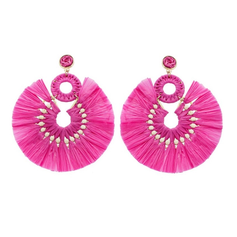 PANACEA Fuchsia Hot Pink Raffia Fan Statement Earrings NWT